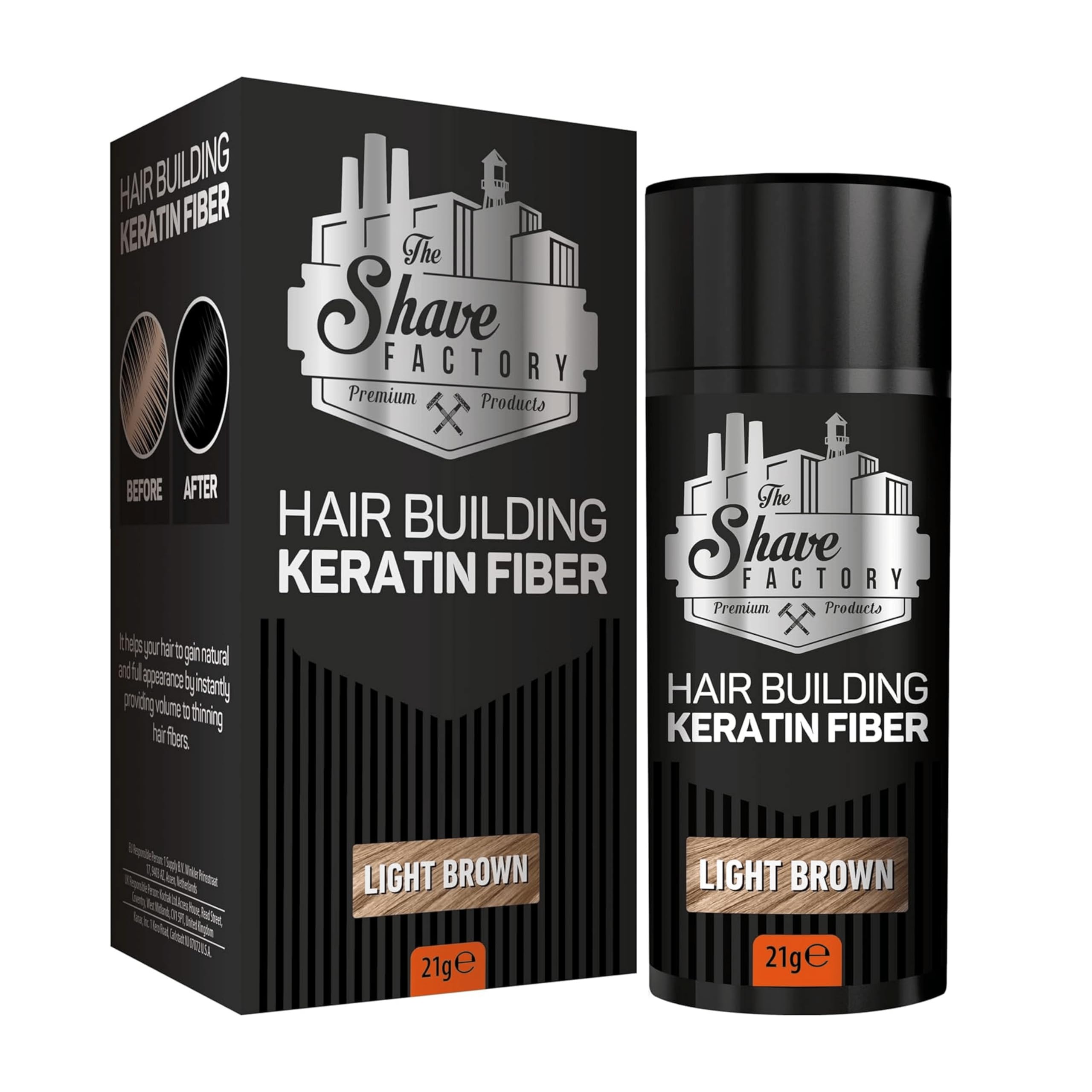 THE SHAVE FACTORY Hair Building Keratin Fibre 21 g Large Tin Pouring Hair Fibres Scattered Hair (Light Brown)