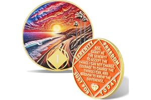 ATERECOSP Sunset Beach Road 1 Year Sobriety Coin - Inspirational Recovery Token for NA/AA, AA Chip & NA Medallion for Clean Time, Narcotics Alcoholics Anonymous Gifts for Men & Women