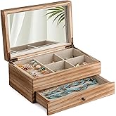 Meangood Jewelry Box Organizer for Women, 2 Layer Large Jewelry Storage Case, Rustic Wooden Jewelry Box with Mirror & Ring Tray for Necklace Earring Bracelets Rings, Vintage Style (Torched Wood)