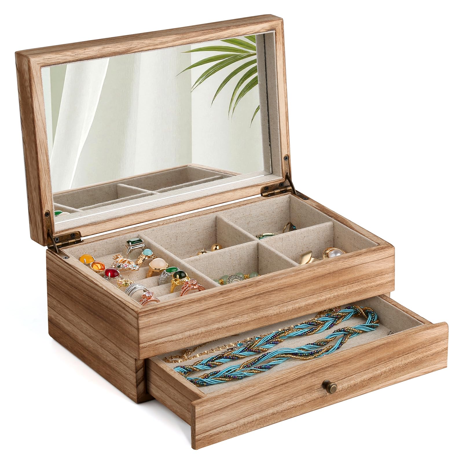 Photo 1 of Meangood Jewelry Box Organizer for Women, 2 Layer Large Jewelry Storage Case, Rustic Wooden Jewelry Box with Mirror & Ring Tray for Necklace Earring Bracelets Rings, Vintage Style (Torched Wood)