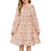 Haloumoning Girls Fall Long Sleeve Floral Dresses Kids Square Neck Smocked Holiday Party Dress 5-14 Years
