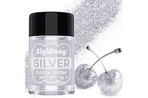 SIGWONG Silver Edible Glitter - 5g Food Grade Cake Decorating Shimmering Glitter, Edible Sprinkle Luster Dust for Drinks, Chocolates, Fondant, Strawberries, Cupcakes, Candy, Christmas Cookie - Vegan