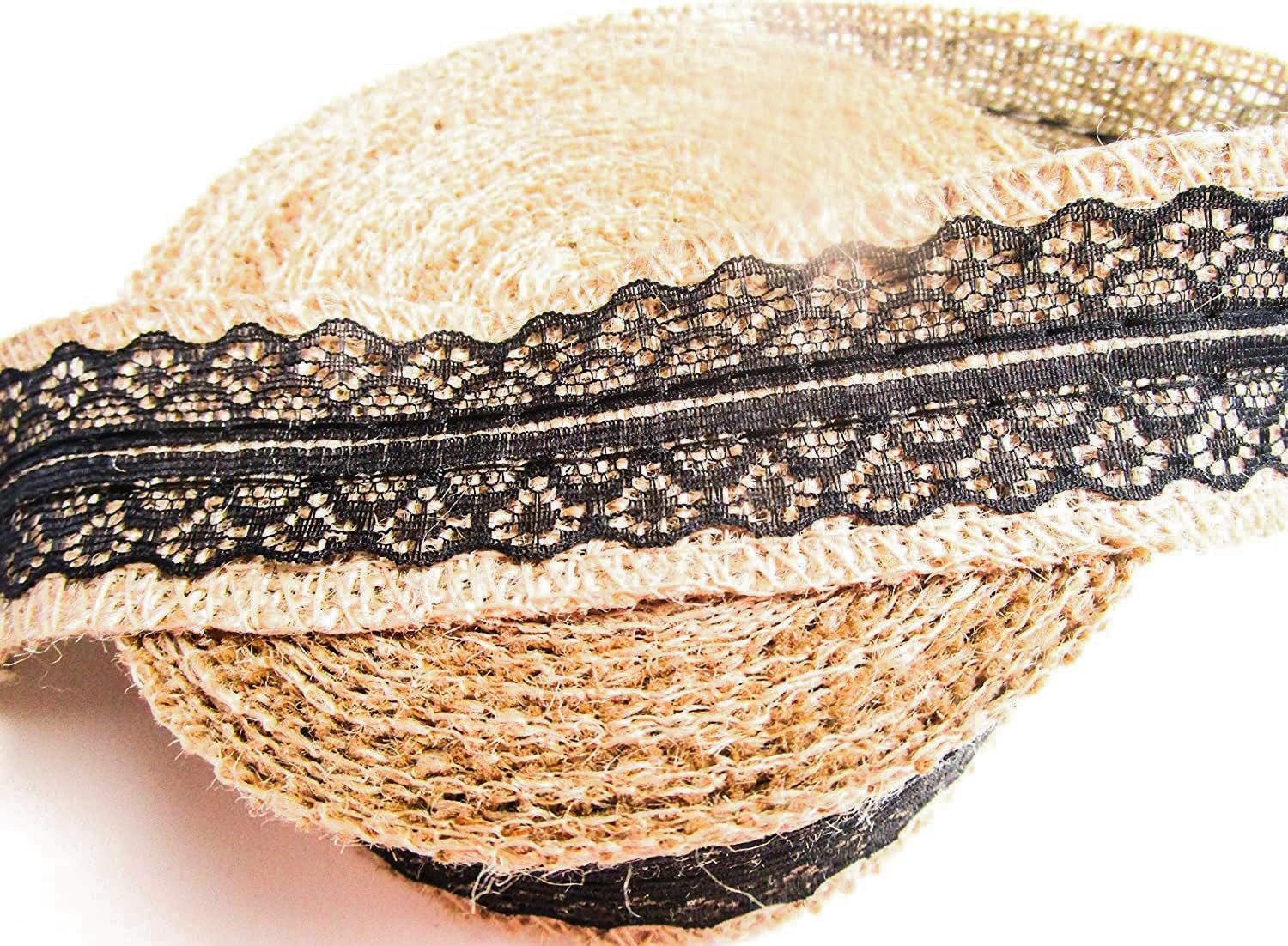 CaPiSo 10 m Jute Ribbon 40 mm Jute Wrap Strips Jute Fabric Roll Jute Fabric Lace Burlap Table Runner Jute Ribbon Gift Ribbon (10 m 4 cm, Lace Black)
