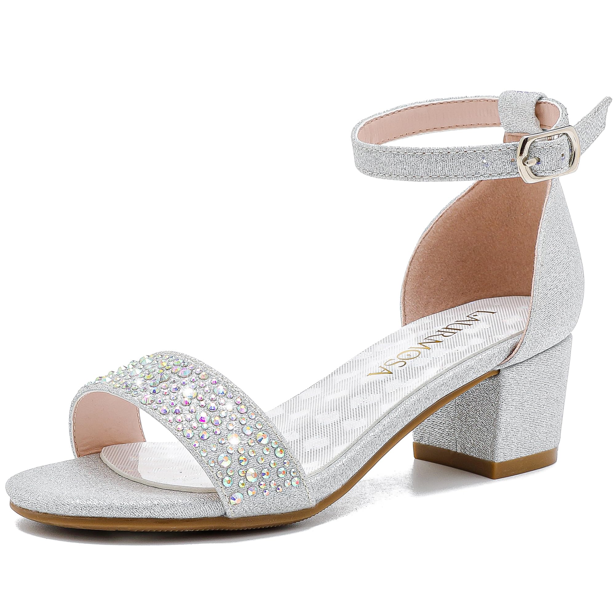 Photo 1 of ***MISSING PIECE*** LAURMOSA Girls Silver Heels Tween Dress Sandals High Heels for Kids Formal Sparkly Shoes Flower Girls Cute Dress Shoes Size 2 for Wedding Party Prom Open Toe Sandals(L1008RhSilver 2)