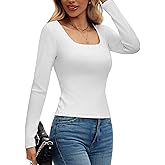 kakola Ribbed Square Neck Tops for Women Basic Long Sleeve Tees Scoop Neck Fitted Cropped T-Shirts 2025 Fall