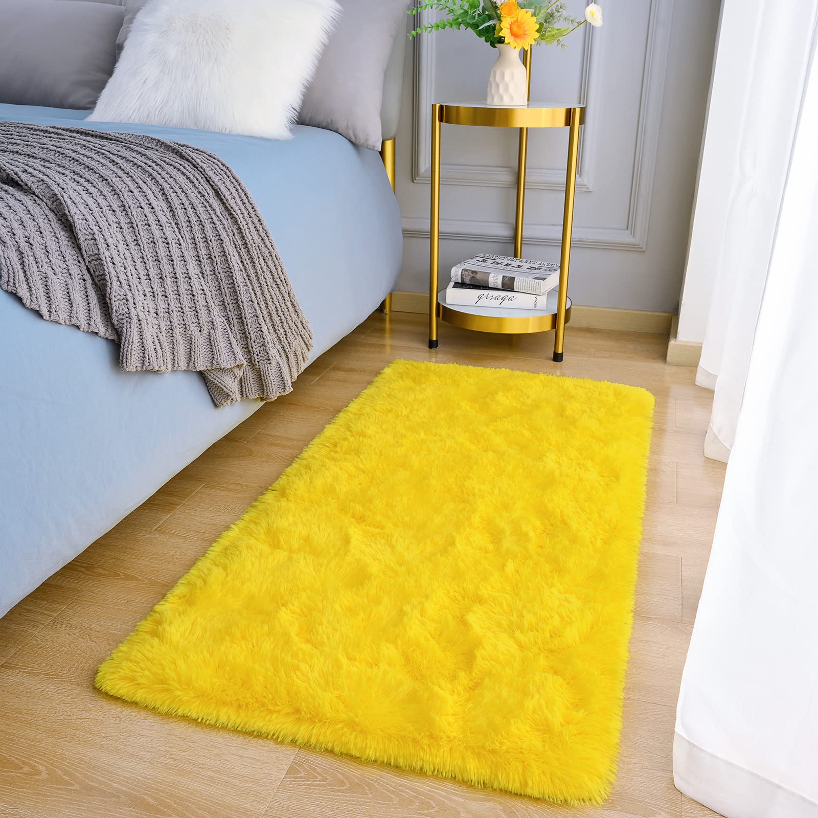 Photo 1 of Amearea Shag Fluffy Small Rug, 2x4 Feet Throw Rugs for Bedroom Girls Living Room, Extra Soft and Fuzzy Shaggy Carpet, Non Slip, Solid Color Nursery Home Floor Decor Carpets, Yellow