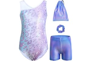 Tstiti Gymnastics Leotards for Girls 4-Piece Outfit with Storage Bag Scrunchie & Shorts Set for Toddler/Kids 3-12 Years