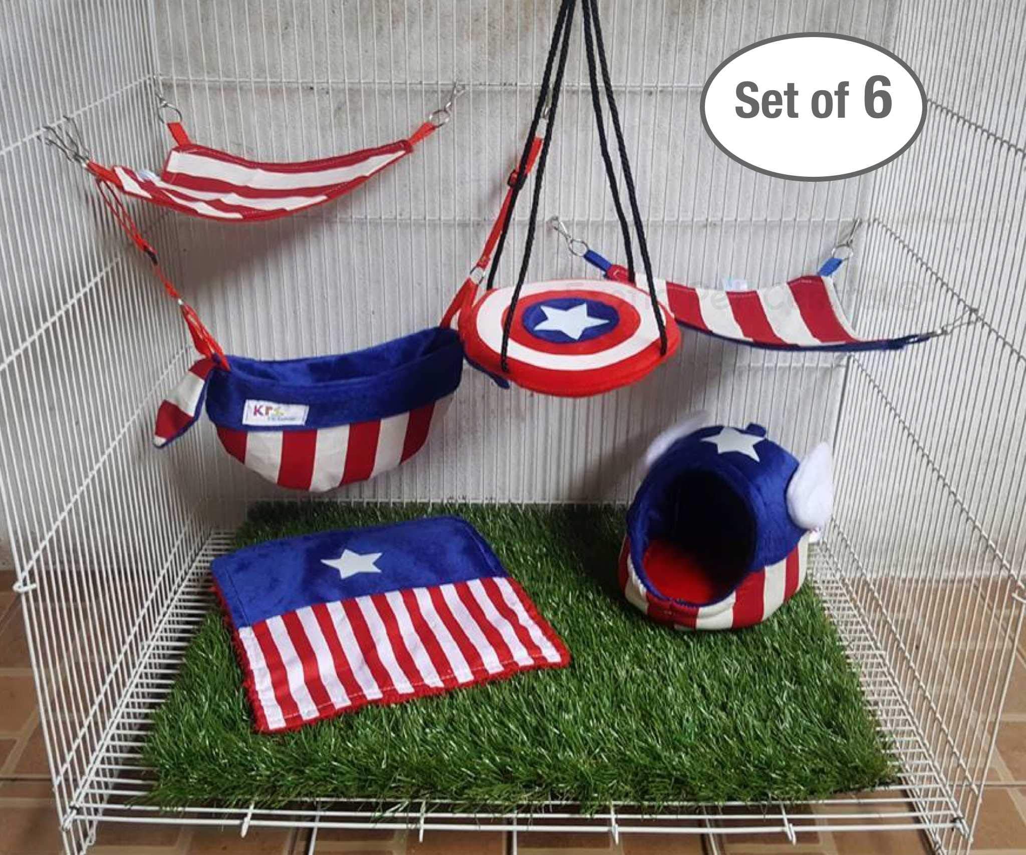 CAGE Set 2018! 6 Pcs Cute Little Exotic Pets Sugar Glider Hedgehog Hamster Squirrel Critter Pouches Rope Hanging Sheet Captain America Cage Set Independence Day Special