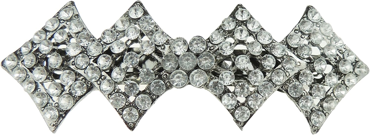 Womens Girls Crystal Rhinestone Diamante Wedding Bridal Party Evening Ponytail Fine Hair Accessories Formal Occasion Barrette Hairpin Grip French Spring Clip Long Bow Diamond Shape (Clear)