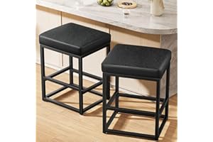Raynesys Counter Height Bar Stools Set of 2, 24" Barstools for Kitchen Countertop, Faux Leather Counter Stools with Thick Square Seats & Sturdy Metal Base, Simple Assembly, Black