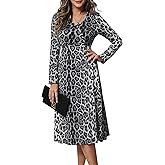 DERAX Women's Animal Leopard Print Midi Dress Long Sleeve V Neck Flowy A-Line 2026 Spring Long Dresses