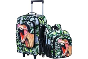 FTJCF 2PCS Kids Suitcase Set for Boys, 18" Cute Dinosaur Carry on Luggage with Wheels, Children Travel Rolling with 12" Toddler Backpack