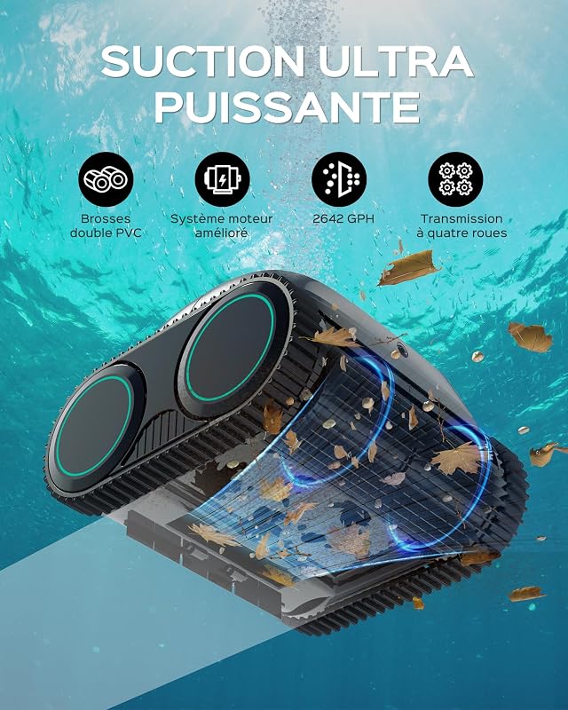 C1 Robot Piscine 160min Batterie, 160m² Fond, Parois, Ligne d'eau