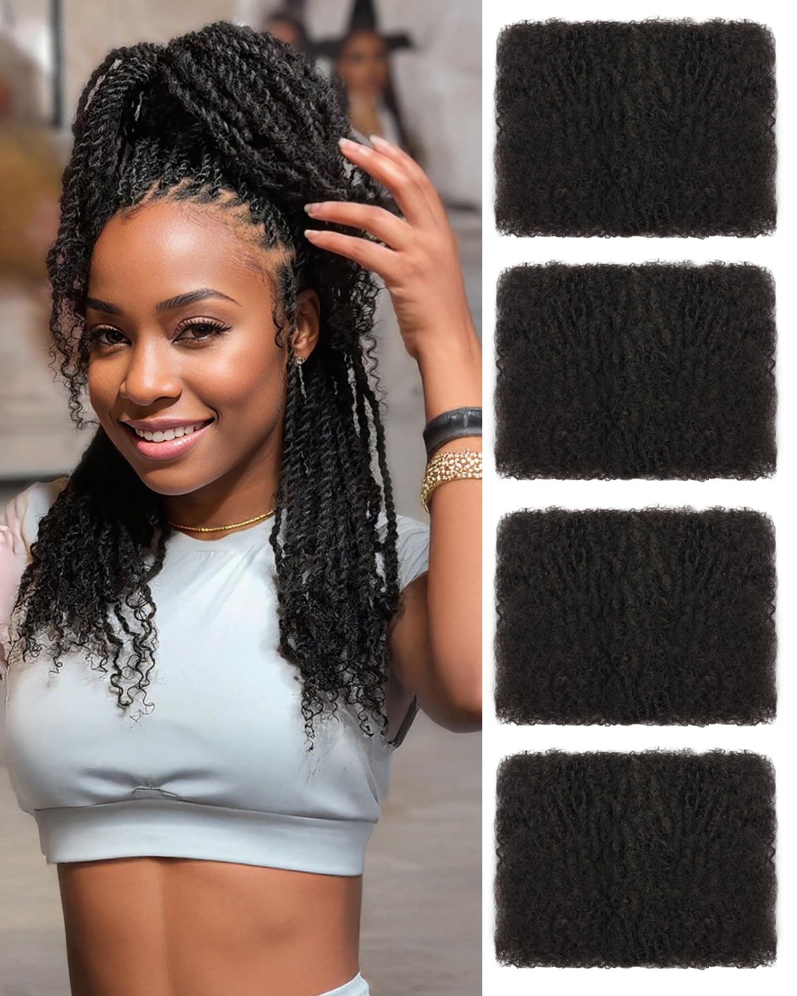 Photo 1 of Afro Kinky Curly Bulk Human Hair Extensions 20 Inch 50g Bundles,Real Natural Kinky-Curly Braiding Hair for Dreadlocks/Locs Repair,Twist & Braids(Natural Black,4 Packs)