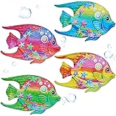 FaloStwer Metal Fish Art Wall Decor, 3D Lifelike Coastal Ocean Sea Hanging Decorations Garden Pool Decor, Set of 4 Colorful O