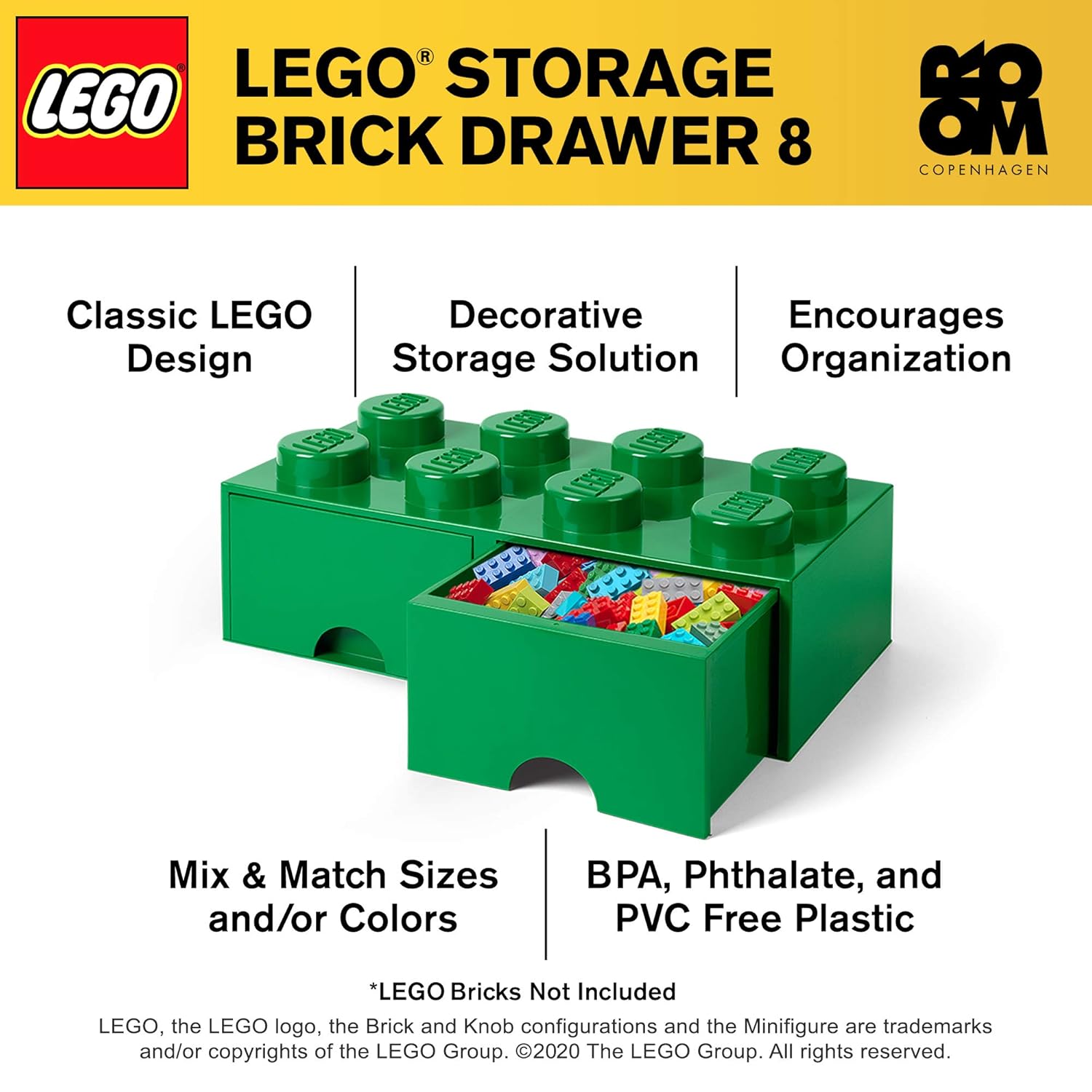 LEGO Brick Drawer, 8 Knobs, 2 Drawers, Stackable Storage Box, Dark Green: Room Copenhagen: Toys & Games