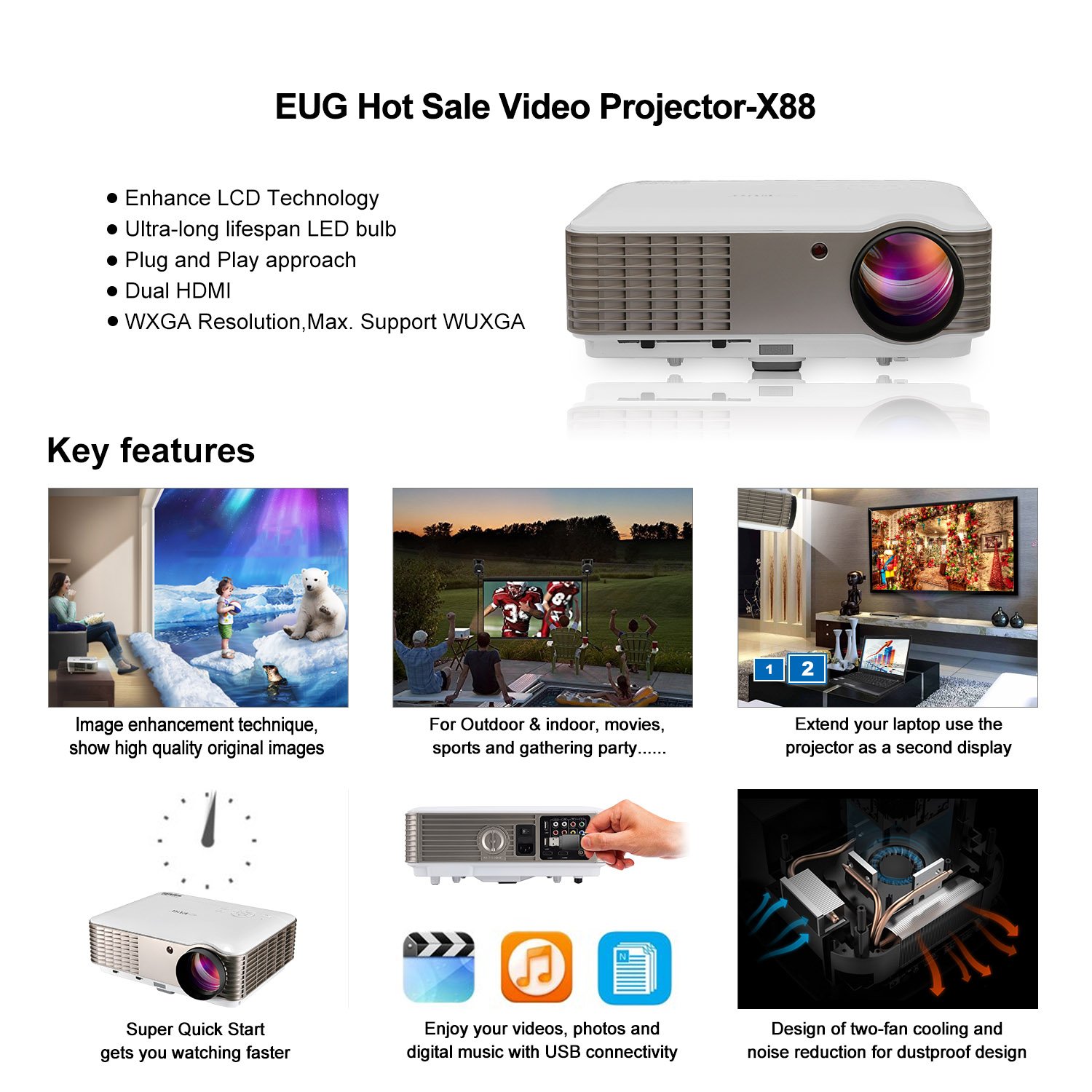 EUG Full HD 1080p 3600 Lumens LCD LED Image System Home Theater Cinema