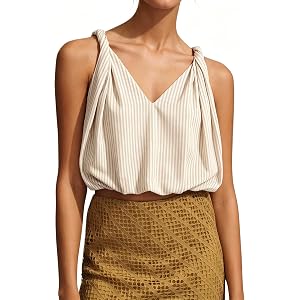 Navonta Striped Bubble Hem Tops for Women Sleeveless V Neck Crop Tank Tops Summer Beach Twist Strap Balloon Cami Shirts