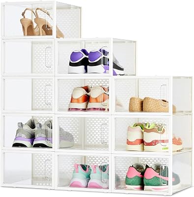 - Caja organizadora de zapatos apilable y plegable, mediana, paquete de 12, Transparente