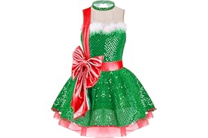 Hansber Kids Girls Sleeveless Sequins Tutu Dress Figure Ice Skating Dress Christmas Dance Costume