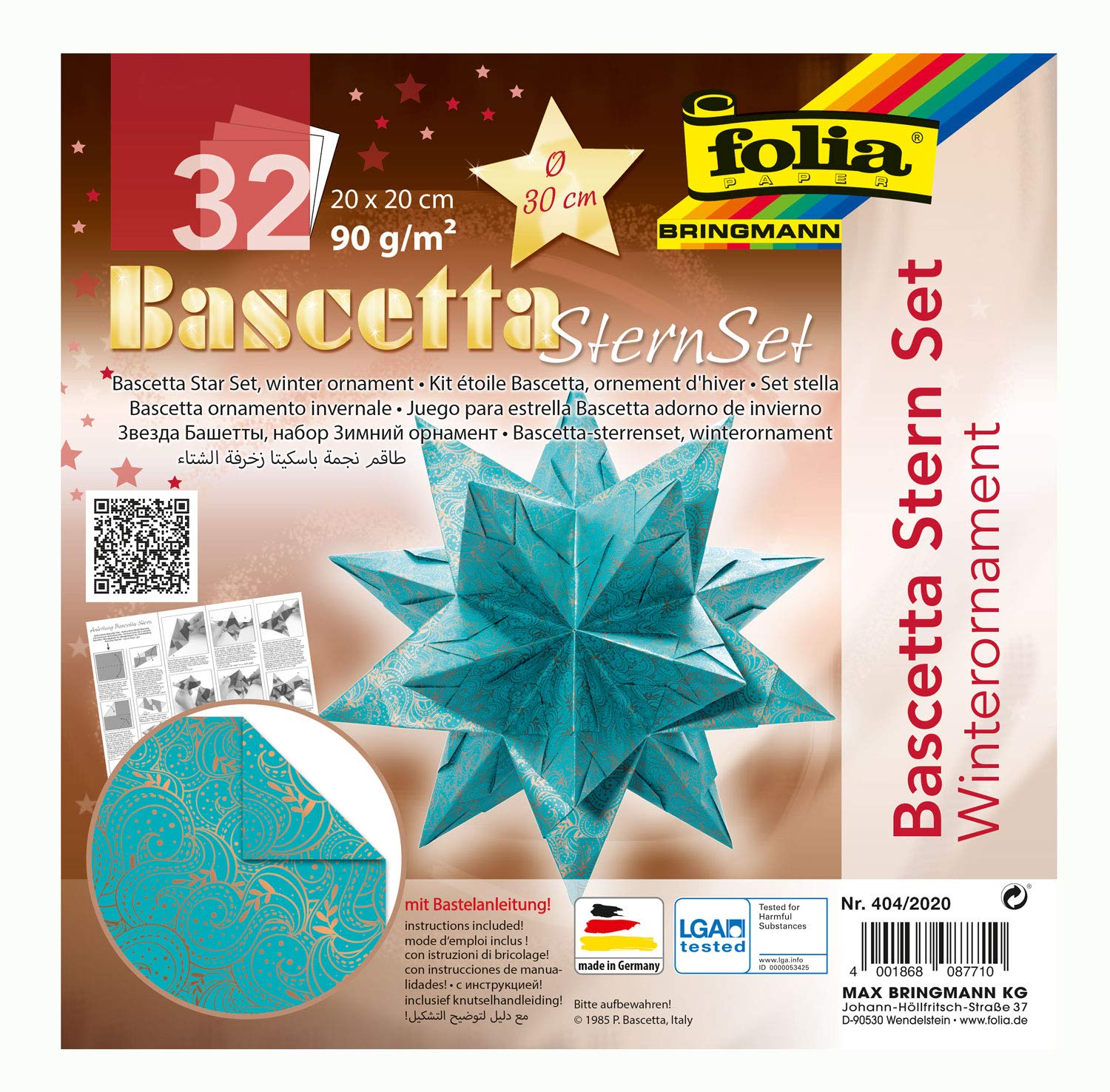 folia 404/2020 Bascetta Star Winter Ornament Craft Set, Turquoise/Copper, 32 Sheets, 20 x 20 cm, Finished Size of Paper Star Approx. 30 cm, with Detailed Instructions (English Language not