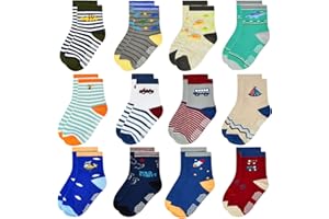 Tphon Toddler Boy Socks with Grips 12 Pairs Kids Anti Slip Cotton Crew Socks for Boys, Girls 1-7 Years