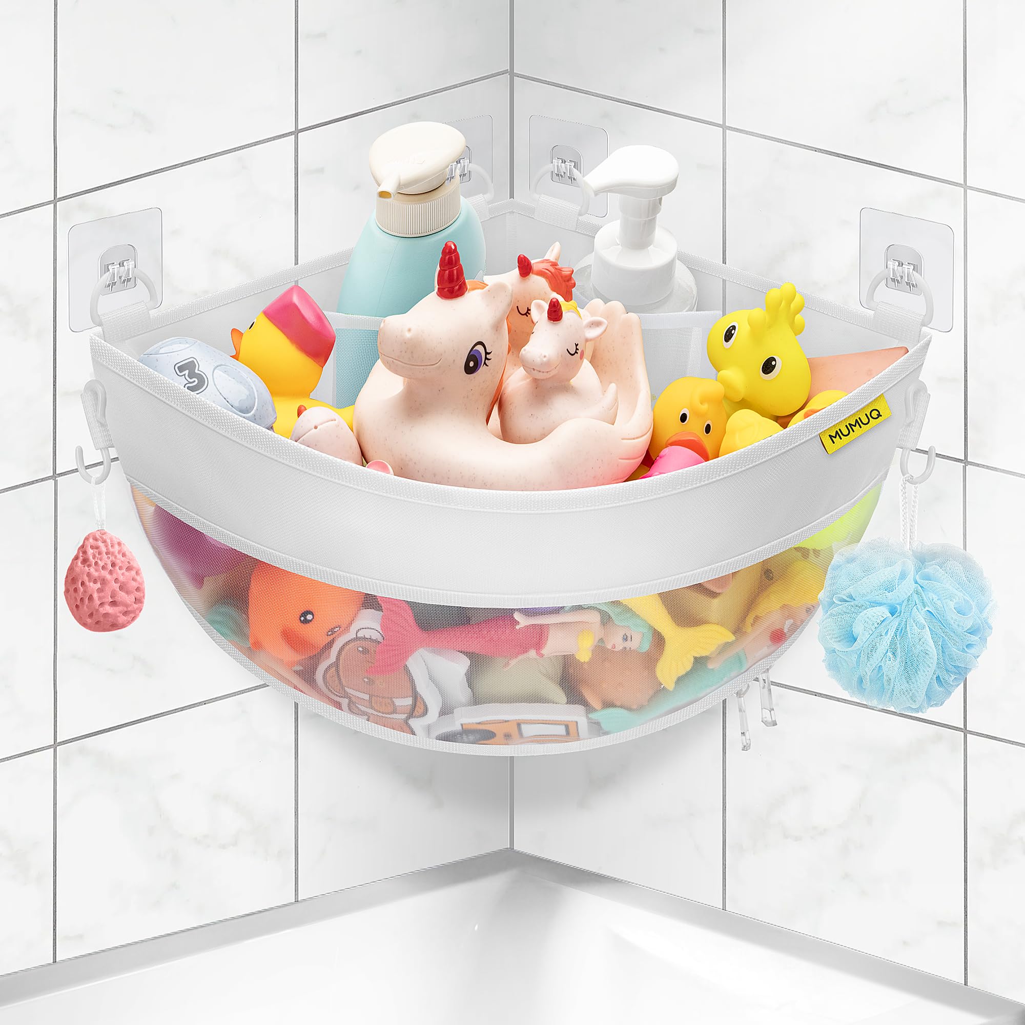 Photo 1 of Bath Toy Storage Corner Wall Mounted, 4.32 Gallons Bath Toy Holder, Bottom Zipper Mesh Bathtub Toys Storage Organizer Bag, Quick Access Baby Shower Caddy Quick Dry Bathtub Toys Holder Accessory