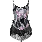 IWEMEK Sexy Sequin Fringe Bodysuit for Women Sparkly Tassel Romper Lace Up Salsa Latin Jazz Dance Leotard Dancing Costume