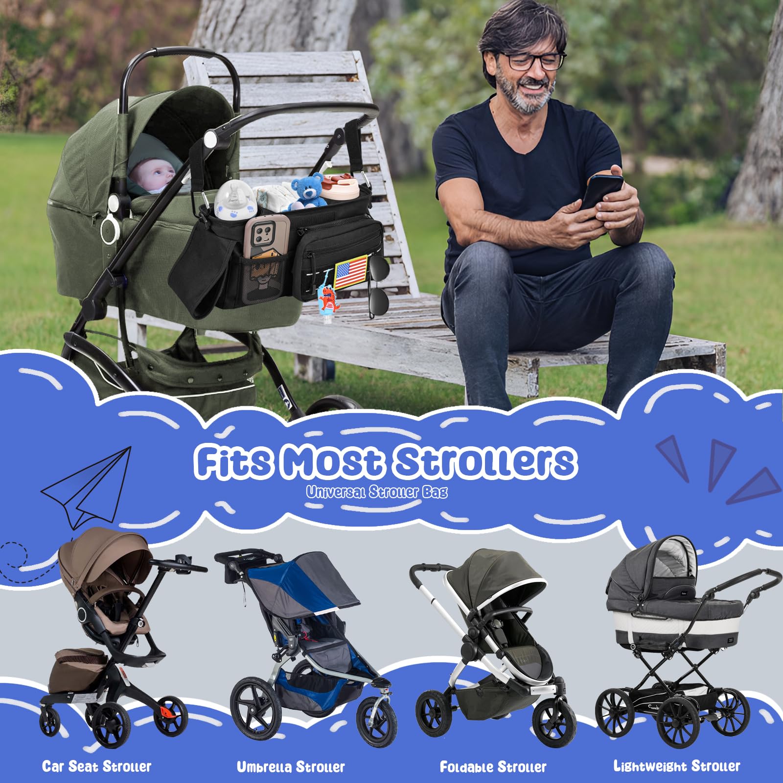 Universal Stroller Accessories, Fits for Stroller like Uppababy Baby Jogger Britax BOB Umbrella, Stroller Organizer with Insulated Cup Holder Detachable Phone Bag Shoulder Strap