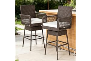 COSTWAY Outdoor Wicker Bar Stools Set of 2, 29'' Swivel Rattan High Top Chairs with Cushions, Armrest and Backrest, Patio Bar
