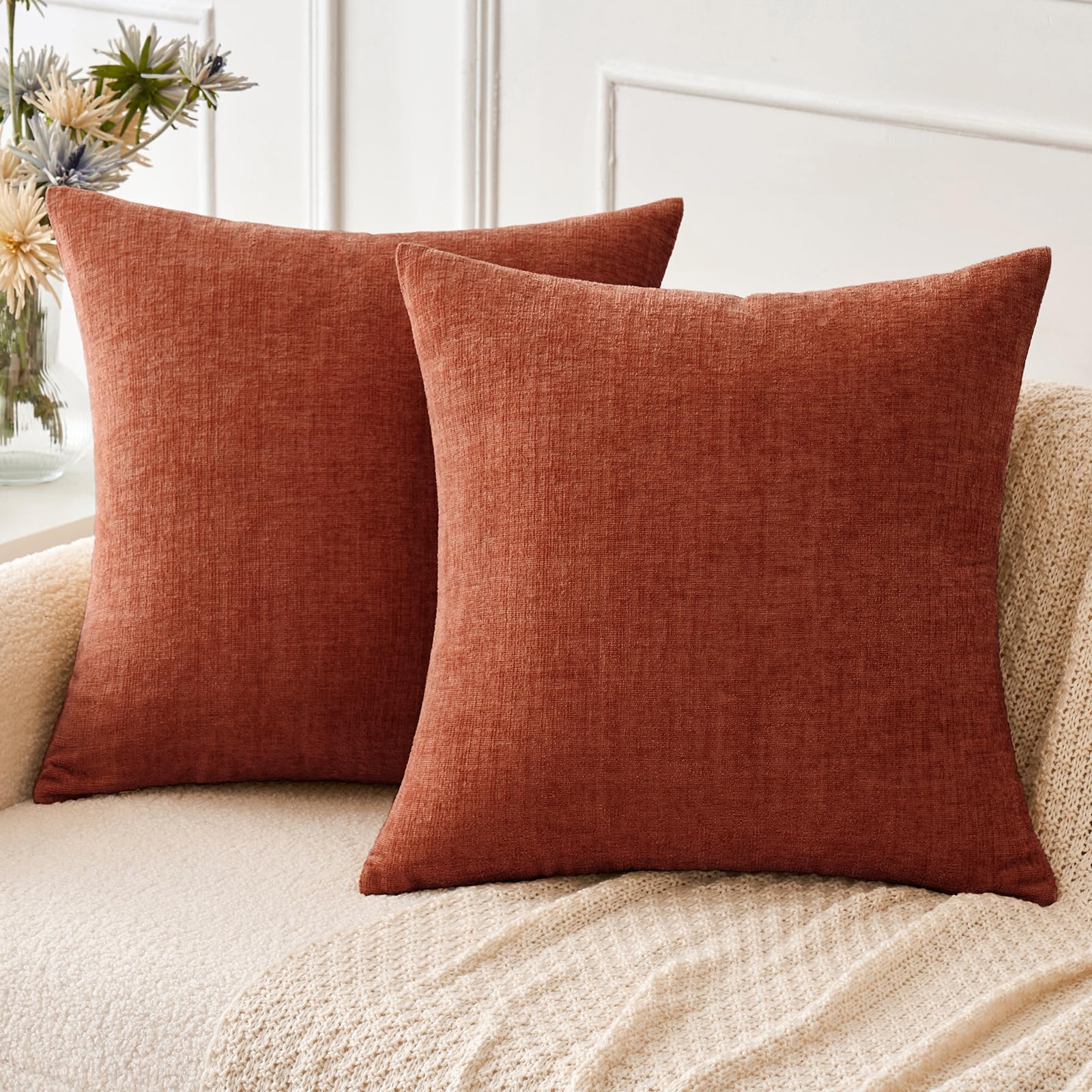MIULEE Set of 2 Decorative Cushion Covers Soft Chenille Cushion Covers for Living Room Sofa Plain Cushion Covers 40x40 CM Orange