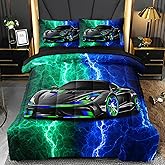 BERTSUCA 5 Pcs Car Comforter Sets for Boys, Cool Blue Green Lightnings Bed in A Bag Full Size Car Bedding Set for Boys Kids