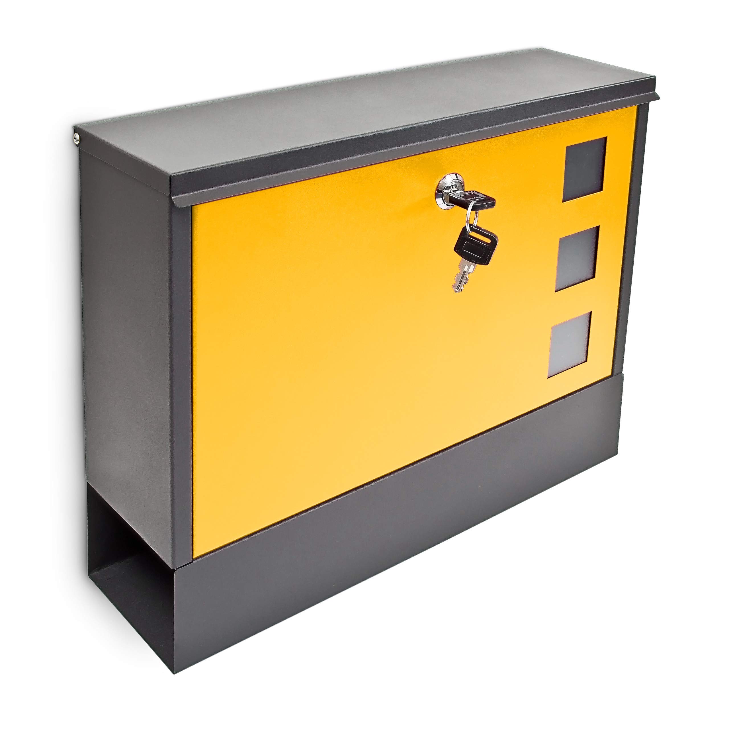 Relaxdays Modern Two Coloured Mailbox Letterbox Lockable with Two Keys and Newspaper Slot, Black-Yellow