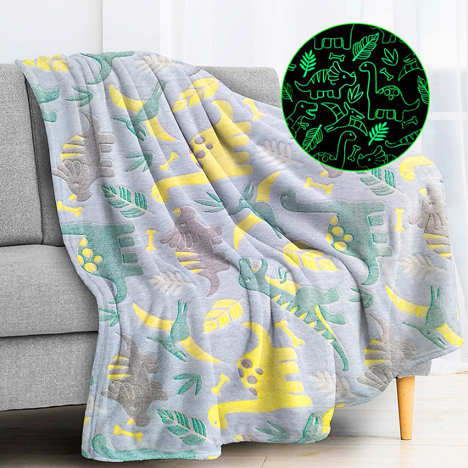 LXTOPN Glow in the Dark Blanket, Cuddly Sofa Blanket, 150x200cm Children's Fleece Blanket for Children's and Boys (Dinosaur B, 150x200cm) โ image 1