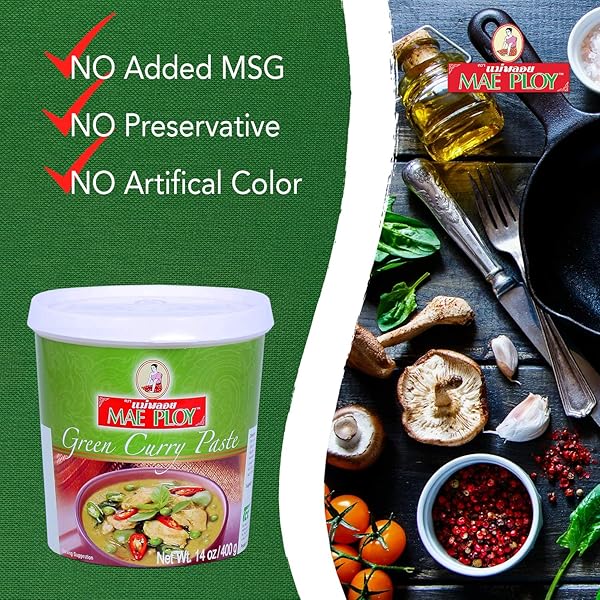 MAE PLOY GREEN CURRY PASTE, AUTHENTIC THAI GREEN CURRY PASTE FOR THAI CURRIES & OTHER DISHES, AROMATIC BLEND OF HERBS, SPICES & SHRIMP PASTE, (14OZ TUB) (25469)