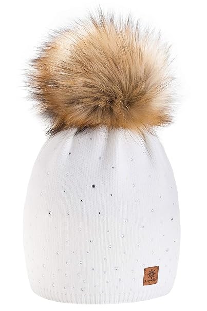 morefaz Wurm Winter Strickmütze Mütze Damen Kristalle Kiesel mit Große Pelz Bommel Pompon l SKI (MFAZ Ltd)