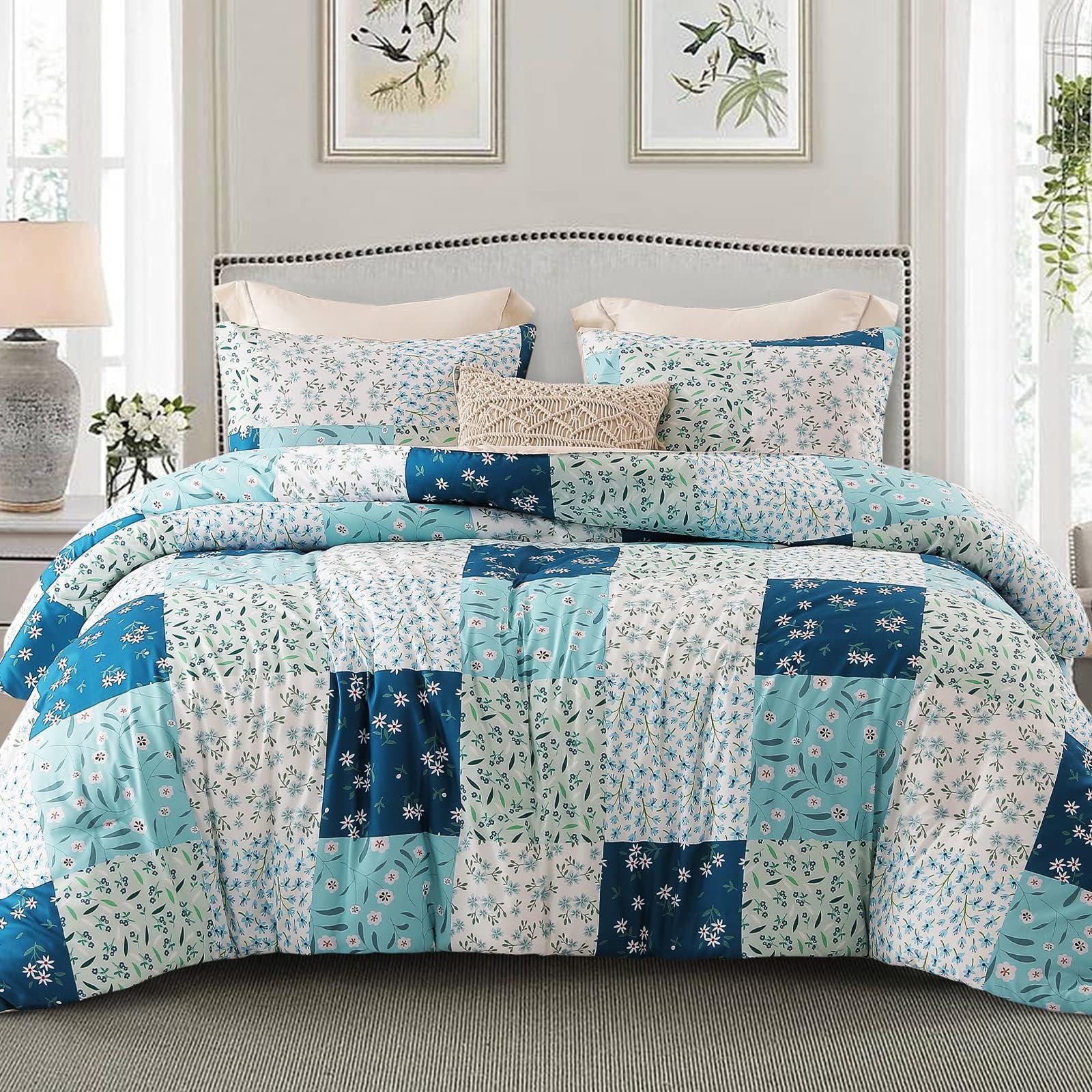 Whale Flotilla King Size Coverless Duvet Set 7.5 Tog, Patchwork Floral Bed Cover Bedding Comforter Duvets Sets for All Seasons, Machine Washable, 220×230CM, Blue