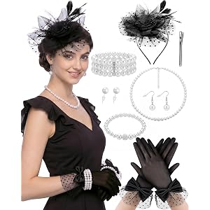Hercicy 7 Pcs Tea Party Outfits for Women Vintage Tea Gathering Costume Set with Fascinator Hat Gloves Pearl Jewelry Kit Eleg