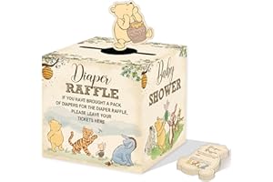 ZsaTuiy Winnie Baby Shower Decorations, Pooh Party Decorations, The Pooh Baby Shower Games, Winnie Diaper Raffle Box with 50Pcs Cards，Newborn Party Favors Boys and Girls First Birthday Supplies