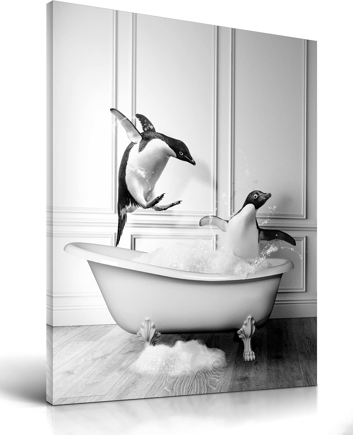 Wall Décor - iHery Funny Bathroom Wall Art Decor, Waterproof 12x16in Black and White Quality Canvas Wall Art Pictures, Wood Framed Funny Penguin Bathing Animals Abstract Prints for Bedroom Kids Room 1 Pack