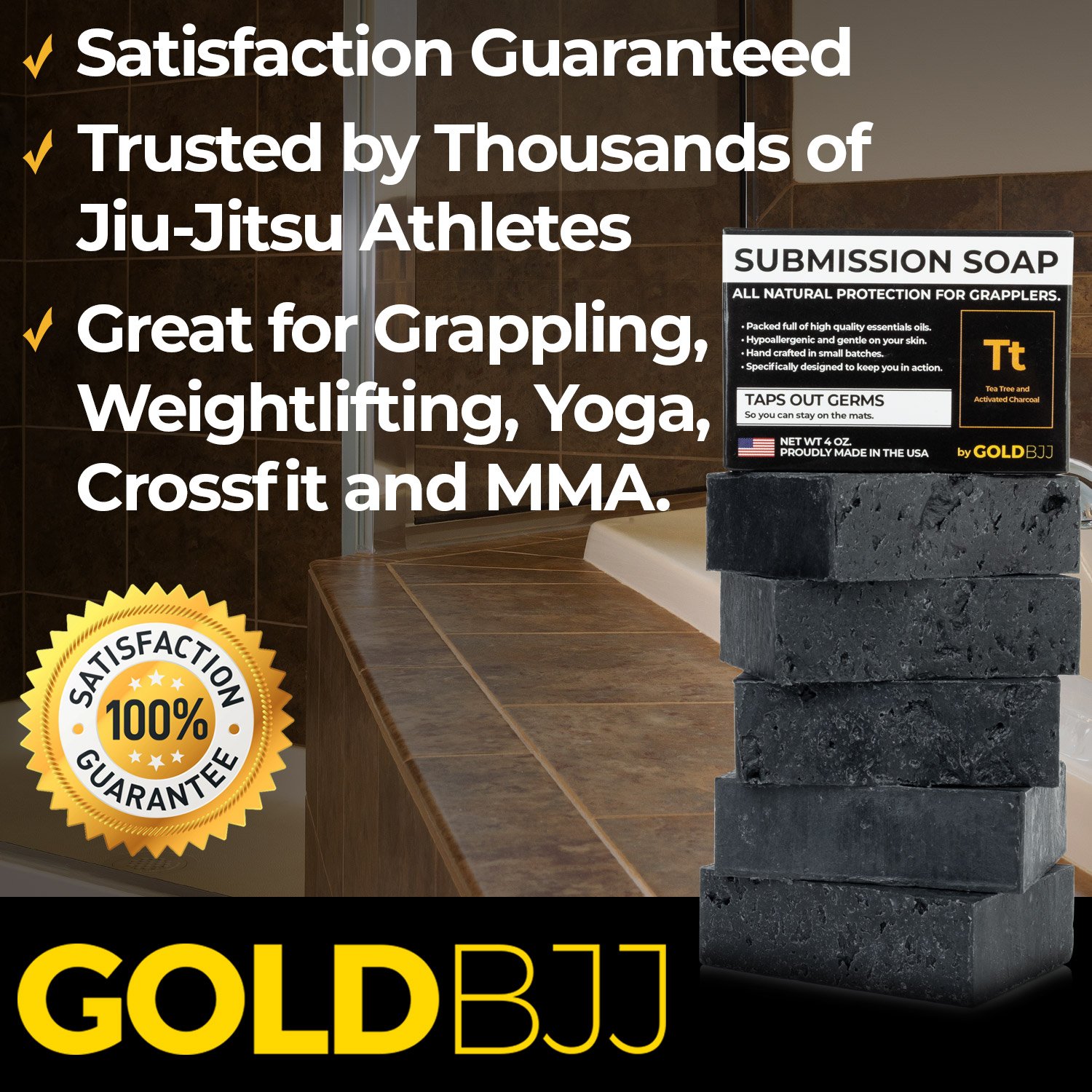 Premium Tea Tree Oil Soap - With Activated Charcoal! 100% All Natural USA Made Bars for BJJ, Jiu Jitsu, Wrestling (2-Pack of 4 Ounce Soap Bars) : Beauty