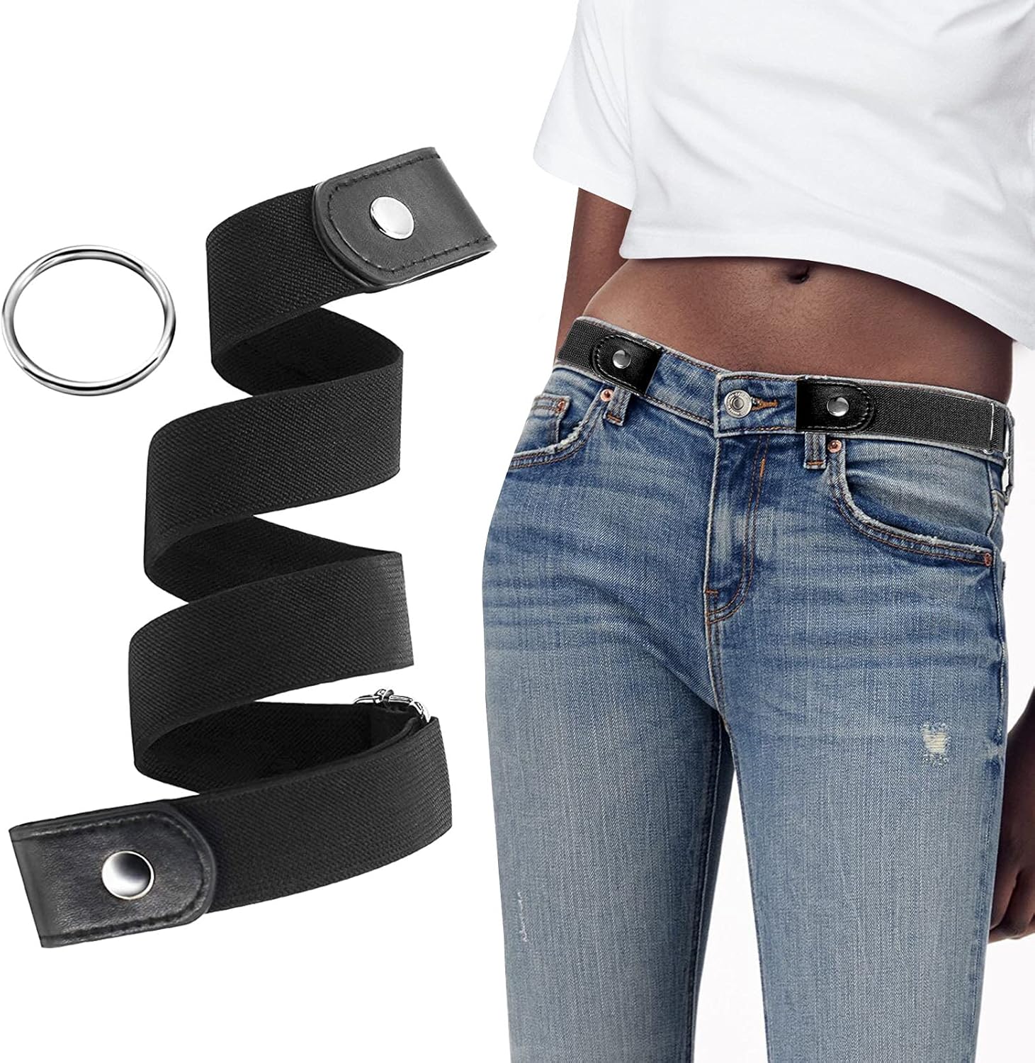 YUNDUOJIA Buckle Free Belt for Women Men, Black Elastic Waist