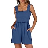 ANRABESS Women's Rompers Summer Casual Smocked Square Neck Sleeveless Loose Shorts Jumpsuit 2026 Beach Vacation Clothes