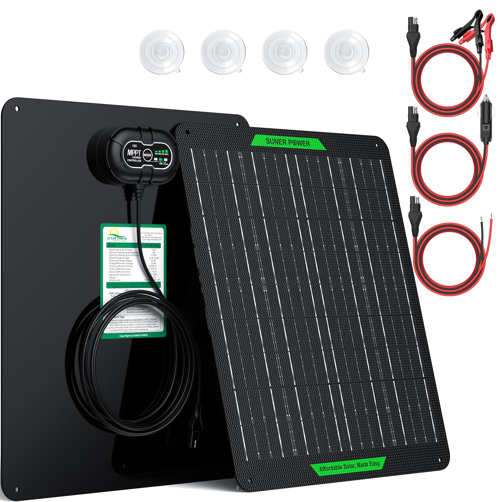 Photo 1 of SUNER POWER Waterproof 20W 12V Solar Battery Charger & Maintainer PRO, Built-in UltraSmart MPPT Charge Controller, 12 Volt Solar Panel Trickle Charging Kits for Car Automotive Boat Marine RV Trailer