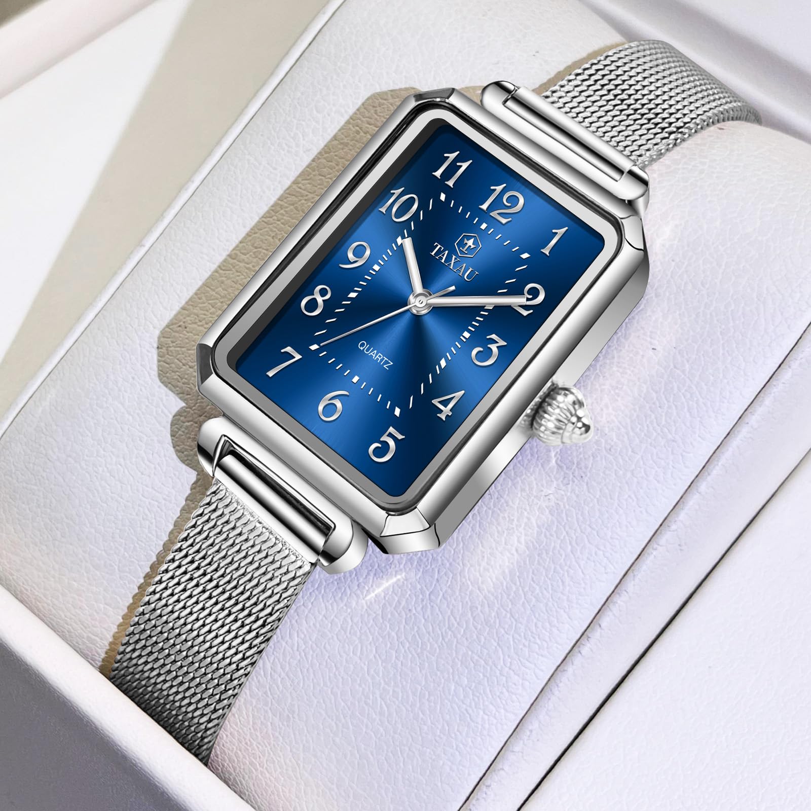Taxau Damen Uhren Damenuhr Einstellbar Anspruchsvoll Damen Blaues Quadratisches Zifferblatt Kompakt Damenuhren Silberner Gurt Luxus Uhr Wasserdichtes Quarzwerk Watch for Women 6