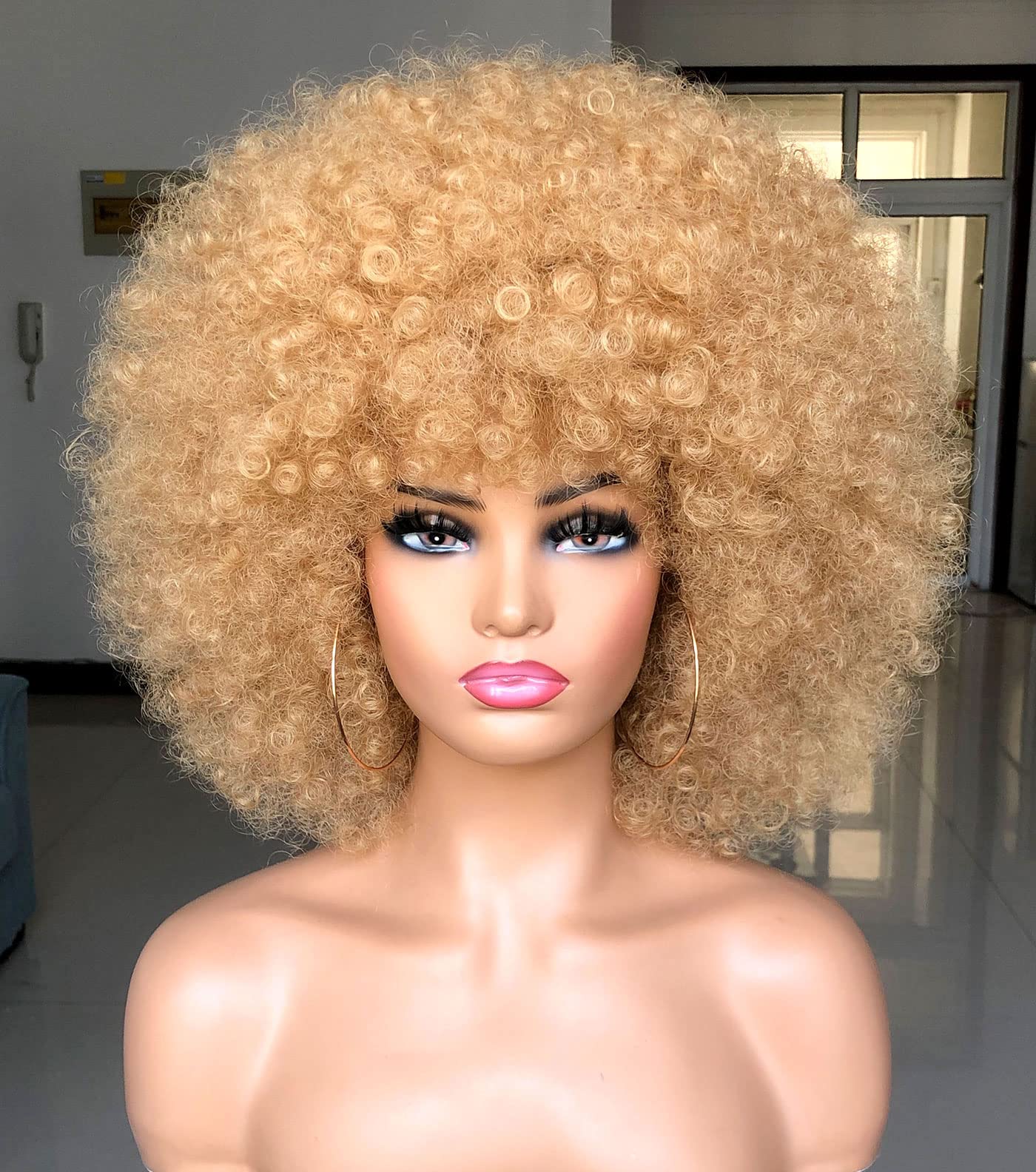 ISAMY 70's Afro Wigs for Black Women Short Curly Afro Kinky Wig Bouncy Huge Fluffy Puff Wigs Premium Synthetic for Cosplay and Daily (Blonde)