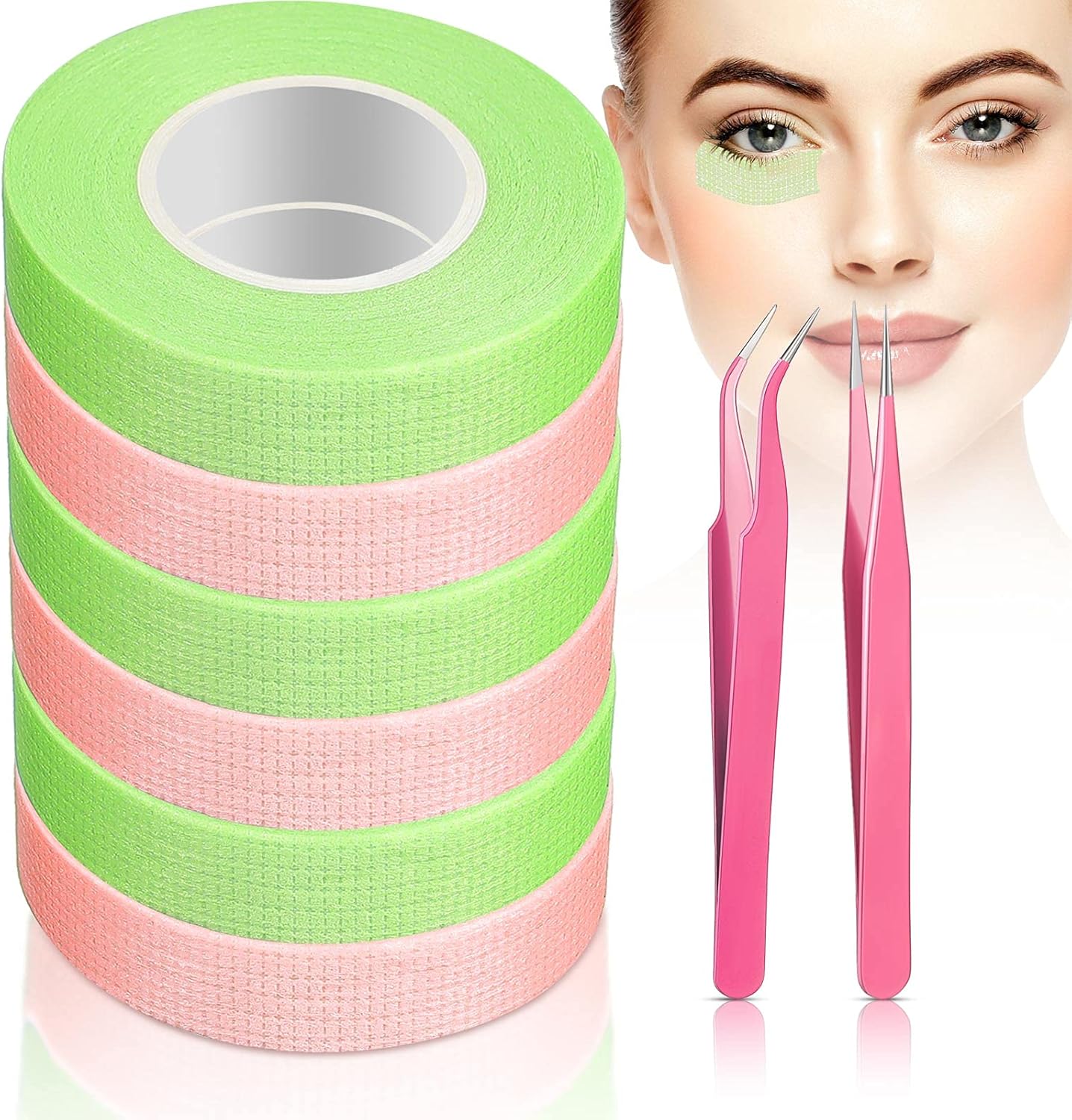 6 Rolls Eyelash Tape with 2 Pieces Straight and Curved Tip Tweezers
