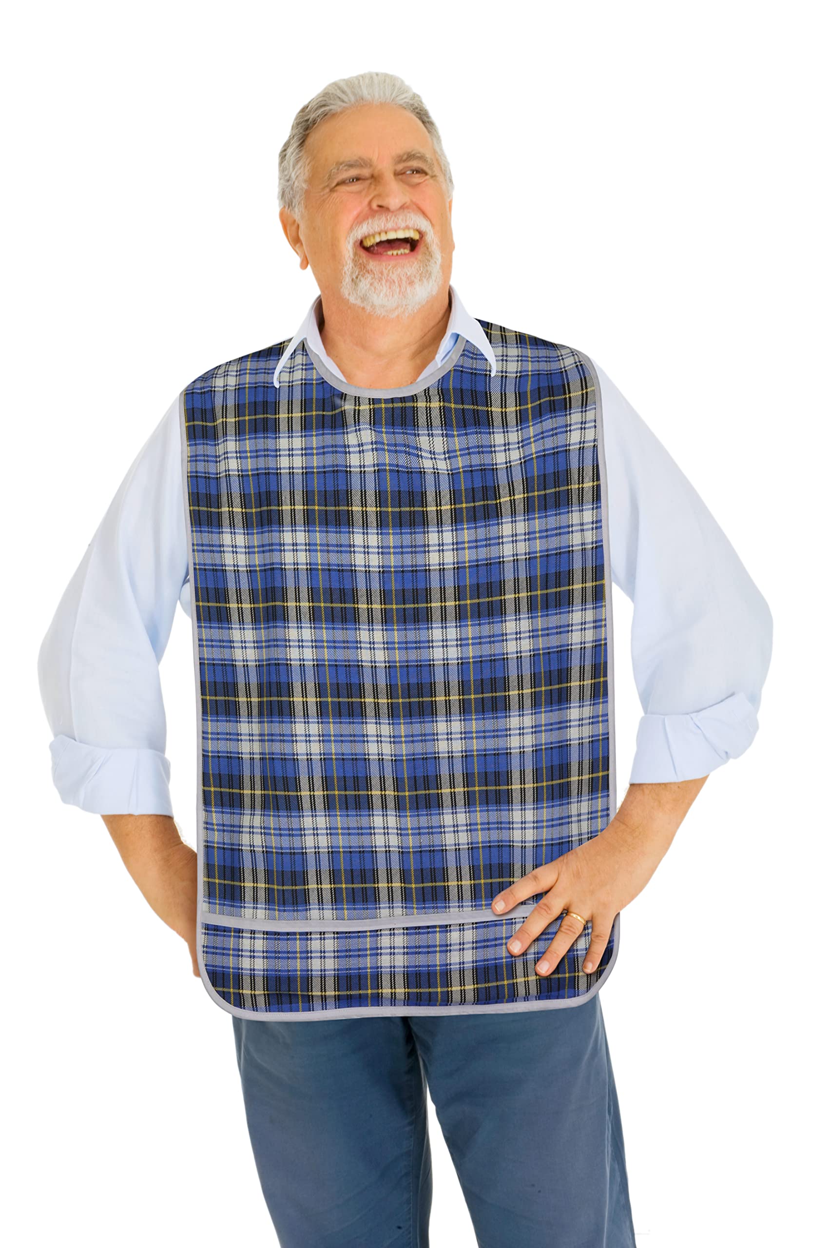 Modaliv Adult Bib for Eating – Reusable Clothes Protector with Crumb Catcher – Waterproof Bib for Elderly – Machine Washable Clothing Protector for Disabled Adults (XL Blue)