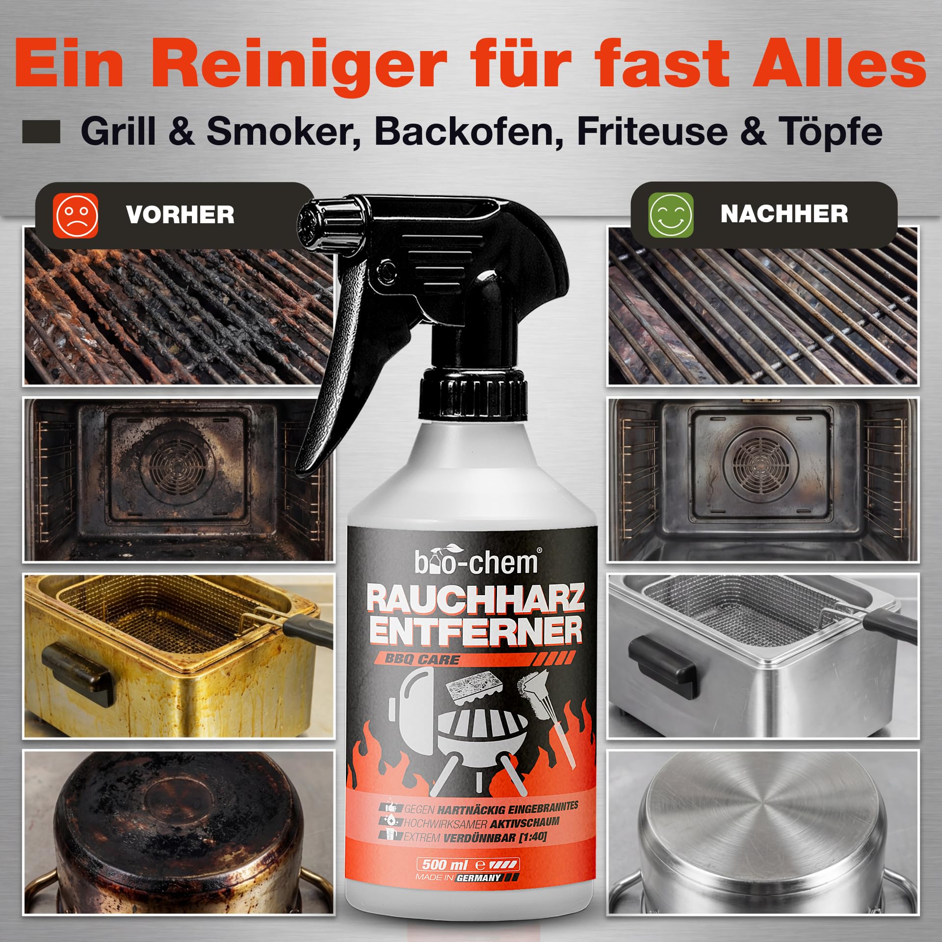 bio-chem Rauchharz-Entferner - 500 ml - Backofen- und Grillreiniger Konzentrat für Gasgrill, Edelstahl, Gusseisen u.v.m. - Extrem kraftvolle Formel gegen hartnäckige Ablagerungen - Made in DE 6