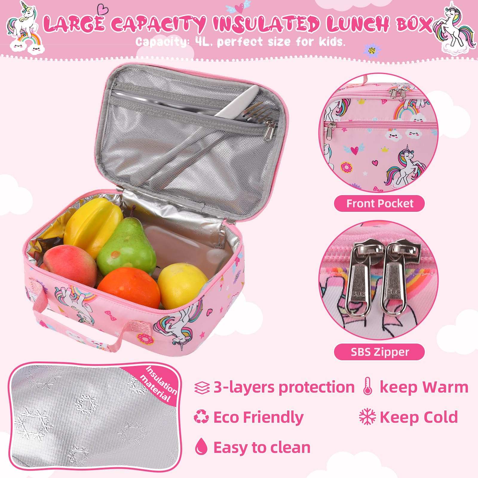 Backpack for Girls, Kids Unicorn Backpack Set, Elementary Primary Middle School Bookbag with Lunch Box and Pencil Case, Pink (Unicorn)